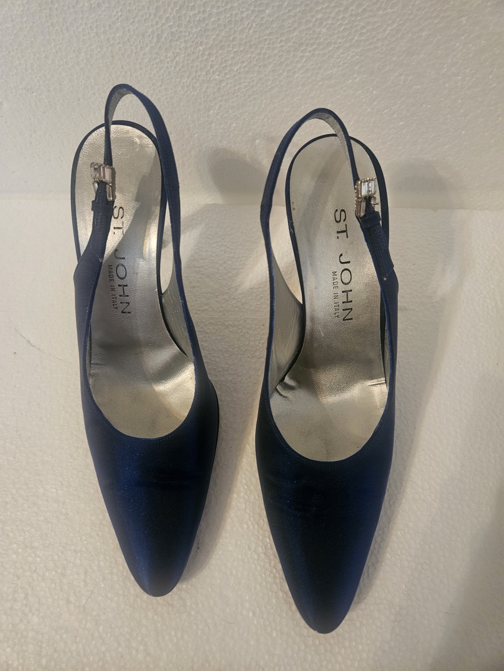 St. John Navy Pointed Satin Slingback Heels